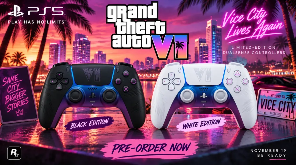 GTA 6 DualSense Controller pre order featuring black and white limited-edition PS5 controllers