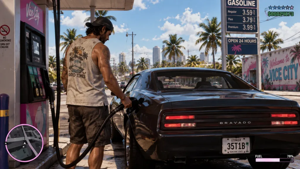 GTA 6 fuel system showing a car at a gas station