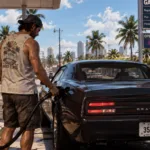 GTA 6 fuel system showing a car at a gas station