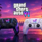 GTA 6 Limited Edition DualSense Wireless Controllers Black and White versions side by side with Grand Theft Auto VI logo and Vice City sunset background