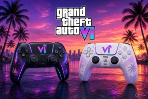 GTA 6 Limited Edition DualSense Wireless Controllers Black and White versions side by side with Grand Theft Auto VI logo and Vice City sunset background