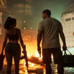 GTA 6 delayed again question with November 19 2026 release date, showing Jason and Lucia in a dramatic scene | KarmaVerse