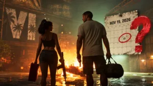 GTA 6 delayed again question with November 19 2026 release date, showing Jason and Lucia in a dramatic scene | KarmaVerse