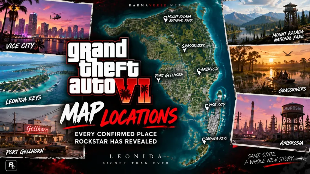 GTA 6 map locations showing Vice City, Leonida Keys, Port Gellhorn, Ambrosia, Grassrivers and Mount Kalaga National Park