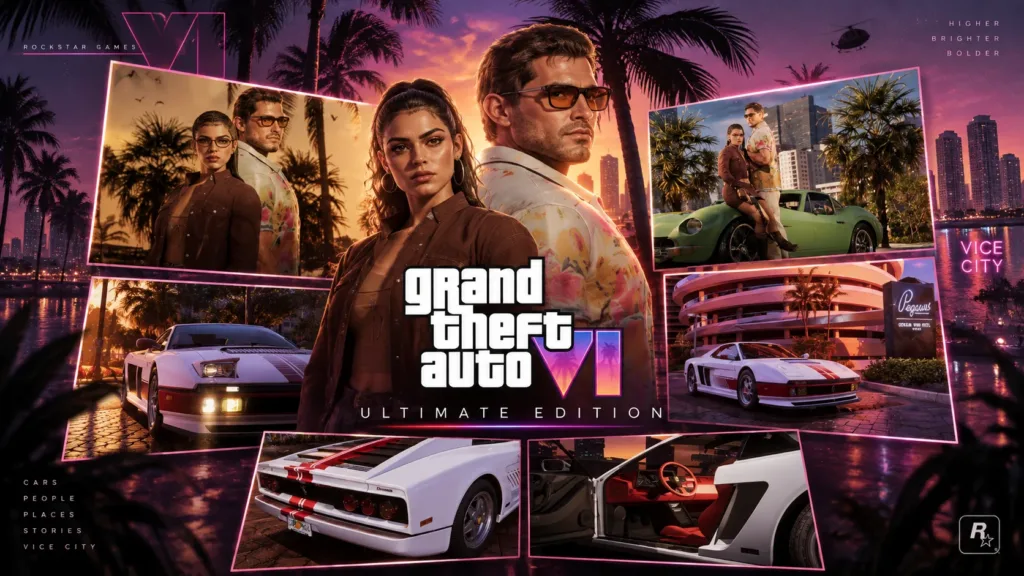 GTA 6 pre order guide showing Standard and Ultimate Edition, Jason and Lucia, and the Vintage Vice City Pack