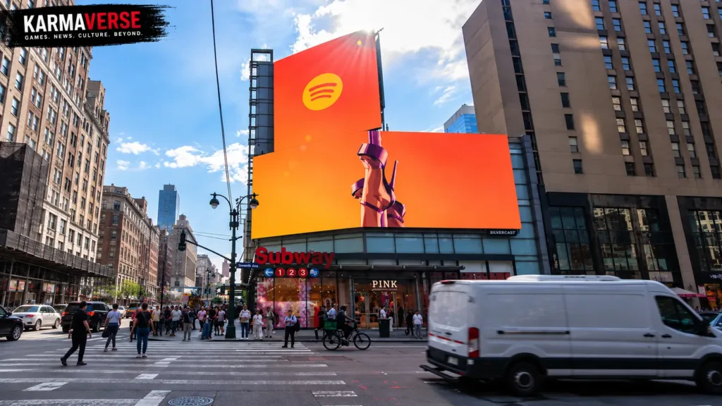 GTA 6 Spotify billboards featuring Travis Scott and Keith Richards artwork in New York and Miami