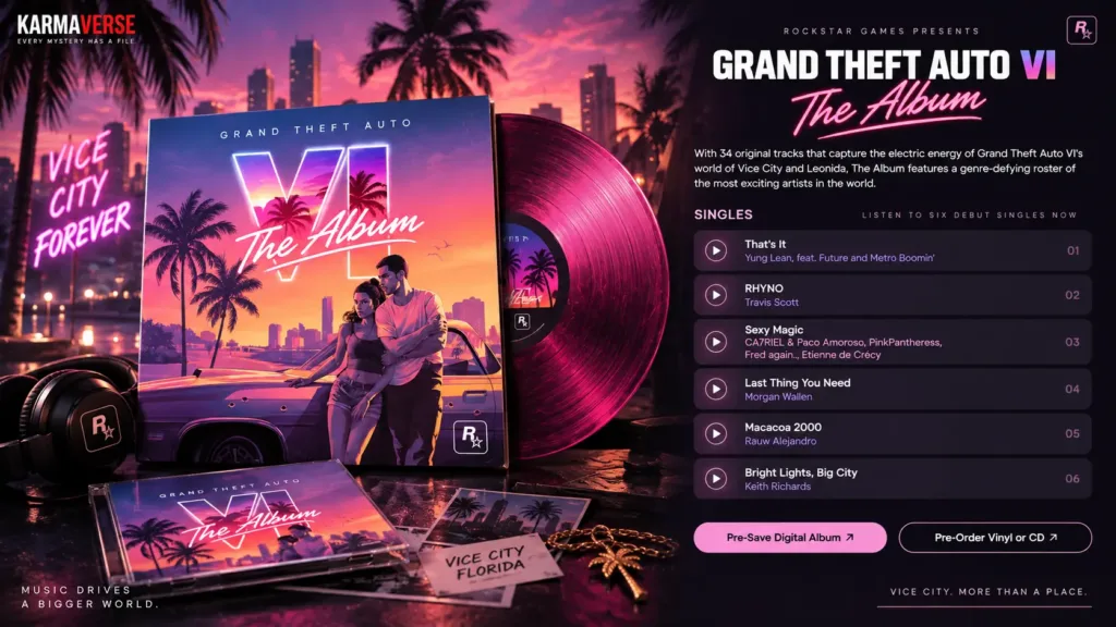 GTA 6 The Album artwork with six confirmed soundtrack songs