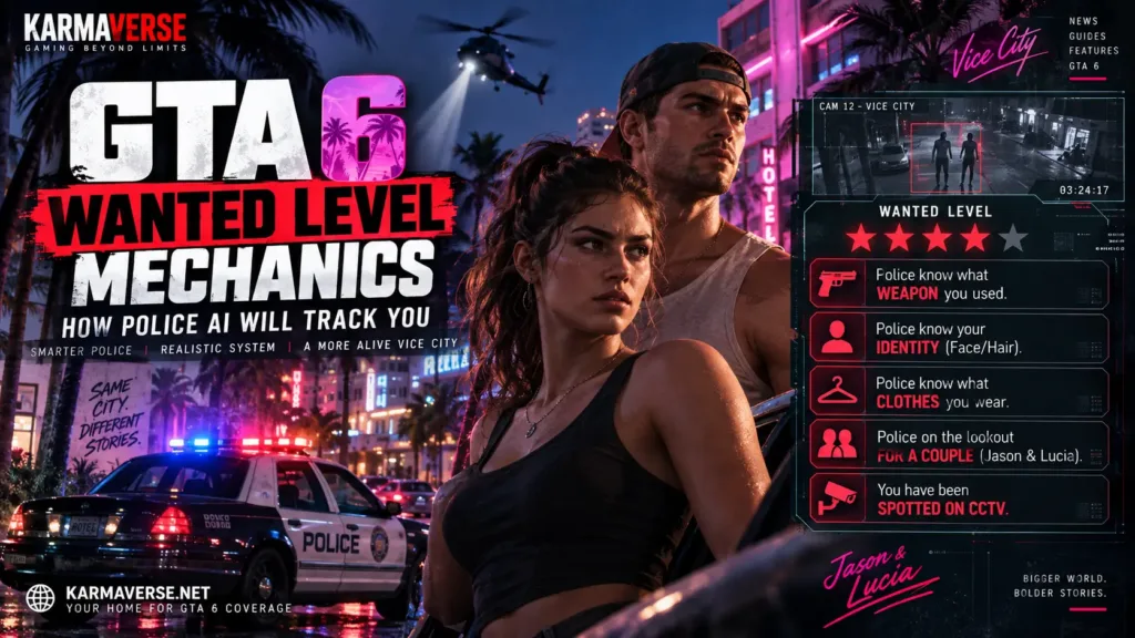 GTA 6 wanted level mechanics HUD interface guide with Jason and Lucia police heat icons